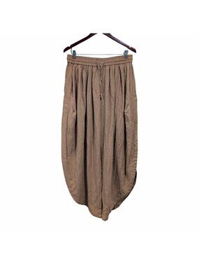 TARSE Womens Beige Linen Rayon Baggy Harem Balloon Pants Pockets Side Slit Sz L